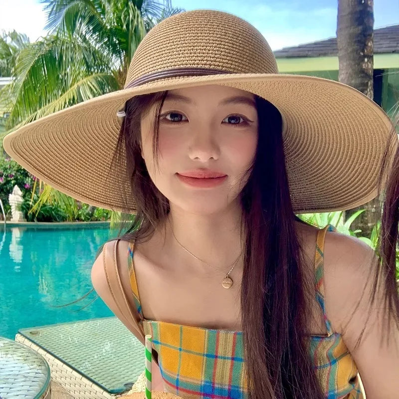 Women’s Straw Sun Hat – Wide Brim UV Protection Panama Hat with Bow & Belt Strap for Beach, Travel & Summer Outdoor Wear