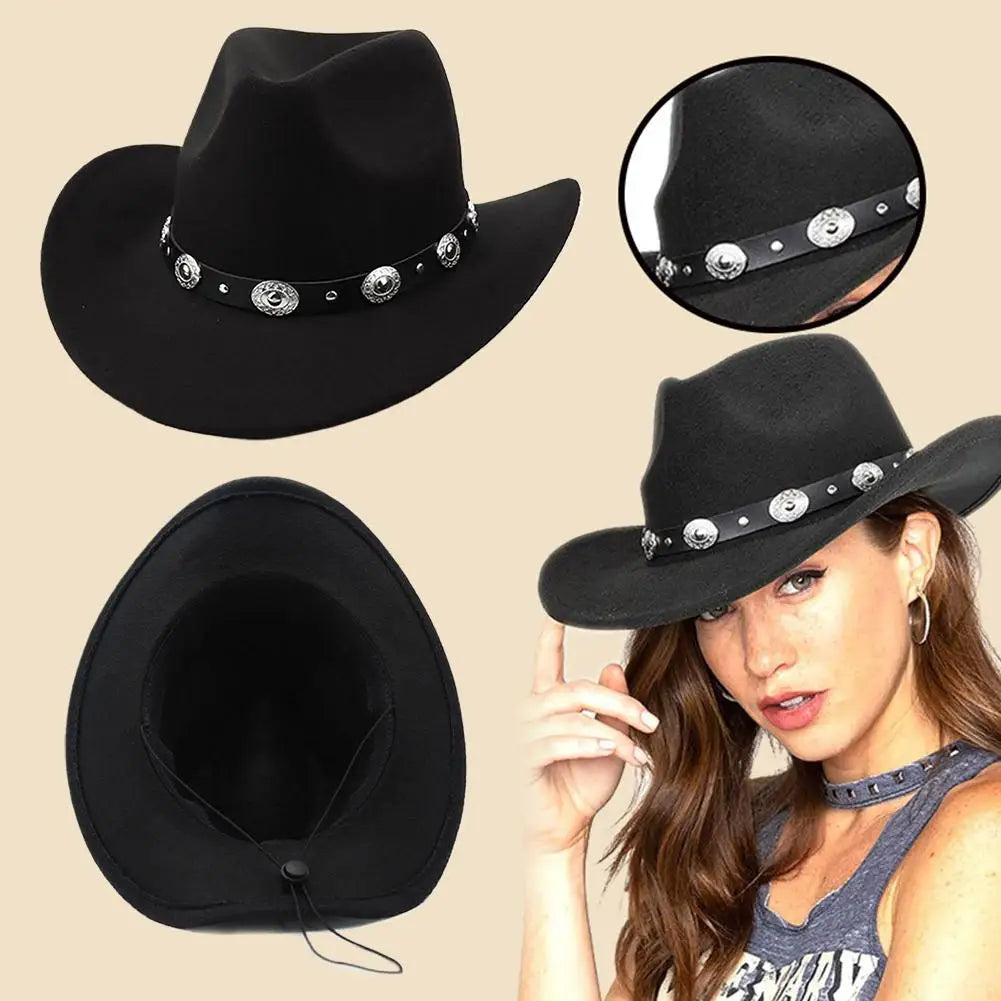Vintage Western Cowboy Hat for Women – Roll-Up Brim Fedora with Belt Buckle, Sun Protection, All-Season Polyester Cowgirl Hat