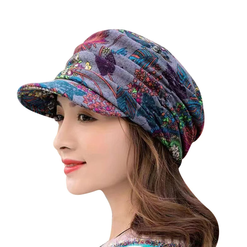 Women Autumn Winter Peaked Cap with Earflap – Warm Foldable Floral Print Casual Hat