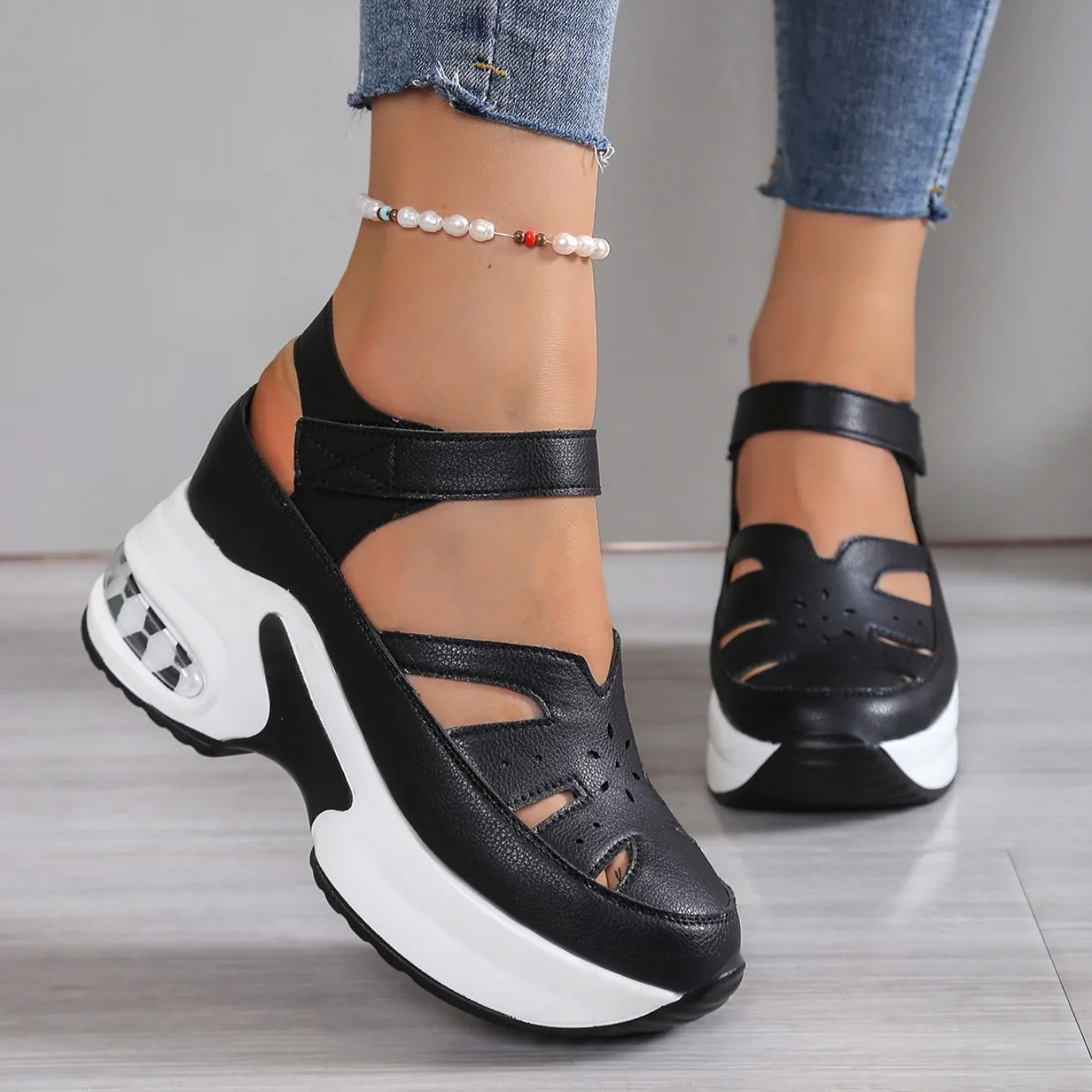 Women Closed Toe Summer Sandals – Plus Size Casual Slip-On Hollow Out PU Platform Comfort Shoes