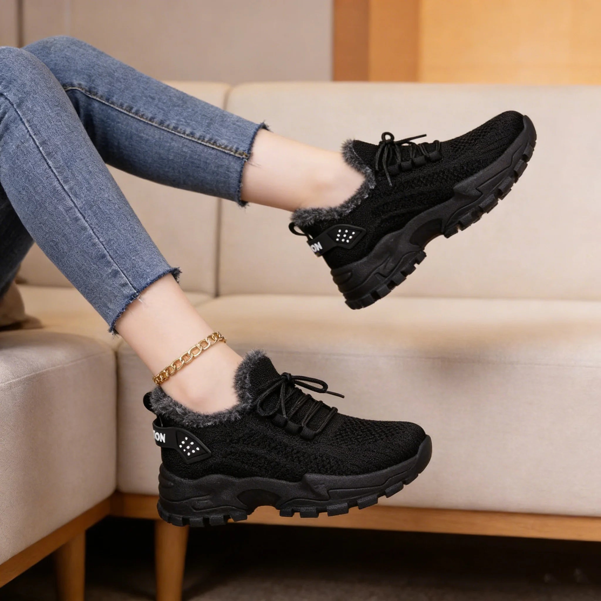 Women’s Winter Sports Shoes – Non-Slip Lace-Up Breathable Mesh Dad Sneakers with Plush Shearling Lining
