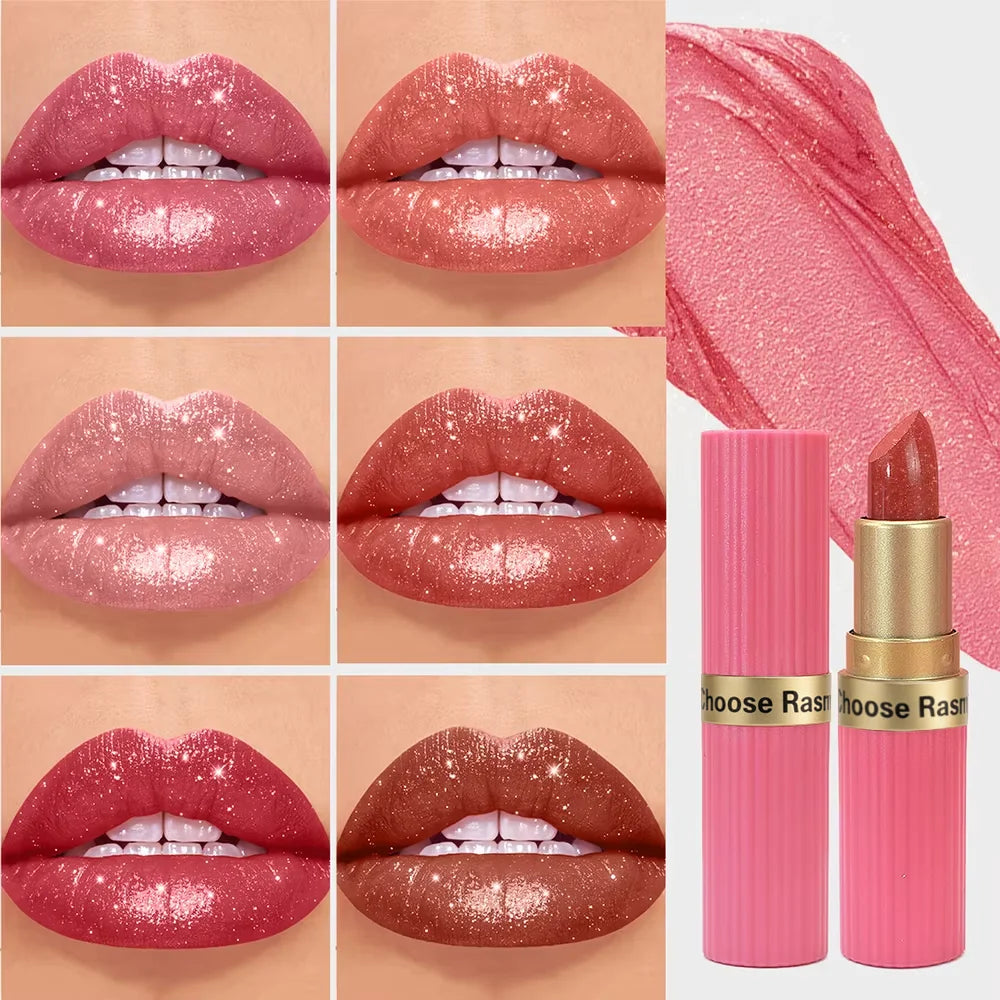 Pearlescent Pink Glitter Velvet Lipstick – Waterproof Long Lasting Matte Metallic Shimmer Diamond Lipstick for Women