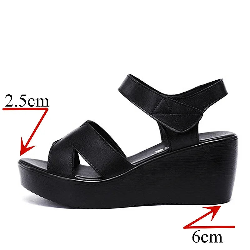 Women’s Plus Size Soft Leather Wedge Sandals (33–43) – Mid Heel Platform Ankle Strap Summer Shoes for Office, Casual & Beach Wear
