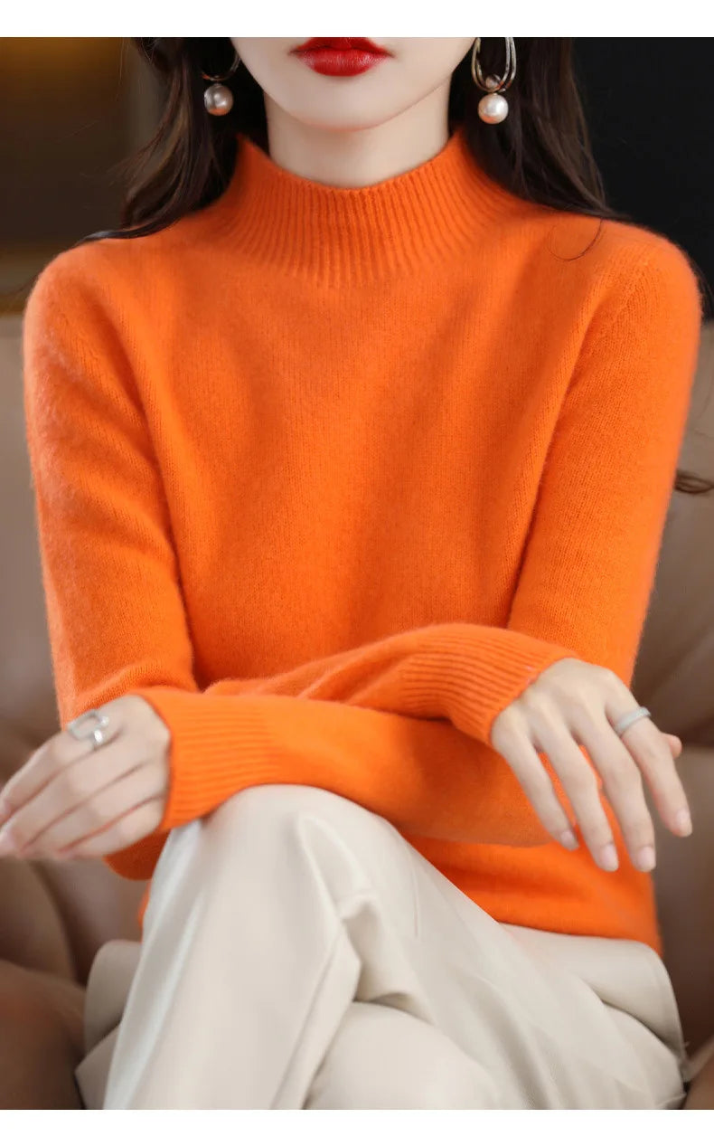 Women’s Autumn Winter Knit Sweater – Korean Fashion Slim Fit Half High Collar Long Sleeve Pullover