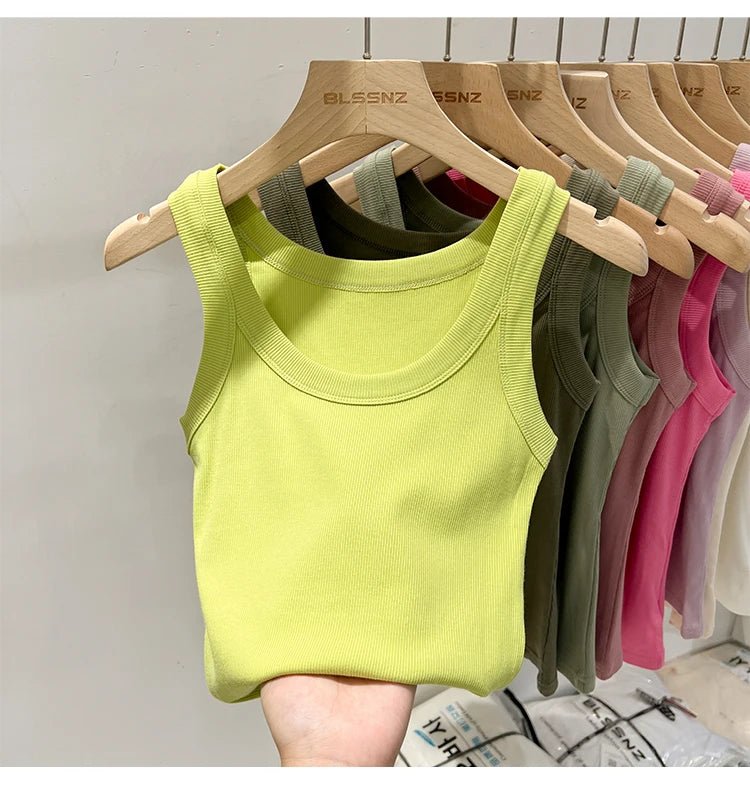 Women Solid Ribbed Tank Top Camisole – Elastic Cotton O-Neck Summer Basic Crop Top 2026