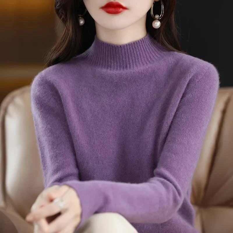 Women’s Autumn Winter Knit Sweater – Korean Fashion Slim Fit Half High Collar Long Sleeve Pullover
