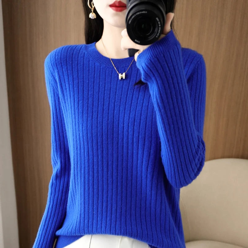 Women’s Autumn Winter O-Neck Striped Knit Sweater – Loose Fit Long Sleeve Pullover Casual Korean Style Jumper
