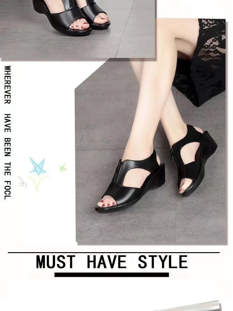 Women’s Plus Size Zipper Wedge Sandals – Low Heel Slip-On Roman Style Summer Casual Comfort Shoes