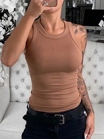 Women’s Solid Ribbed Tank Top Camisole – High Stretch O-Neck Summer Basic Casual Sleeveless Top