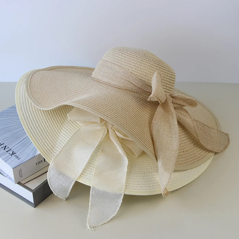 Women’s Wide Brim Straw Sun Hat – Foldable Beach Panama Hat with Bowknot, UV Protection Casual Summer Outdoor Cap