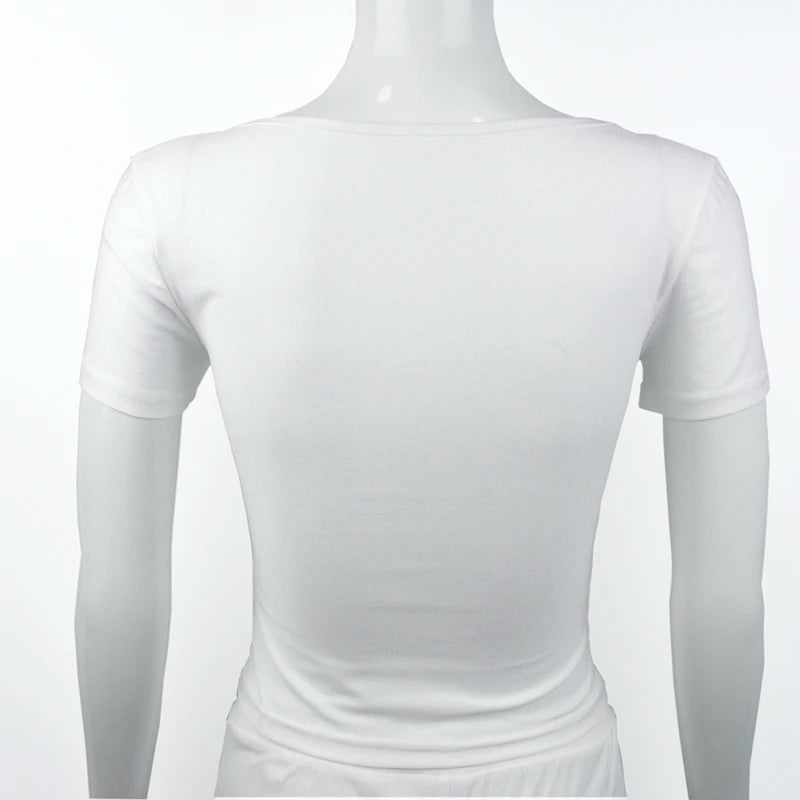 Women’s Summer Slim Fit Square Neck Short Sleeve T-Shirt – Solid Color Y2K Streetwear Sexy Stretch Knit Top