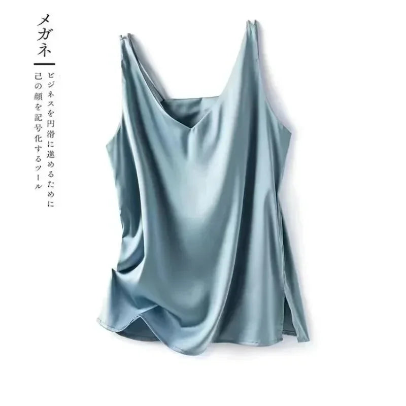 Women’s V-Neck Silk Satin Sleeveless Blouse – Elegant Office Tank Top, Lightweight Summer Camisole