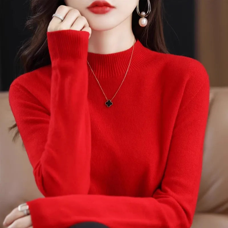 Women’s Autumn Winter Knit Sweater – Korean Fashion Slim Fit Half High Collar Long Sleeve Pullover