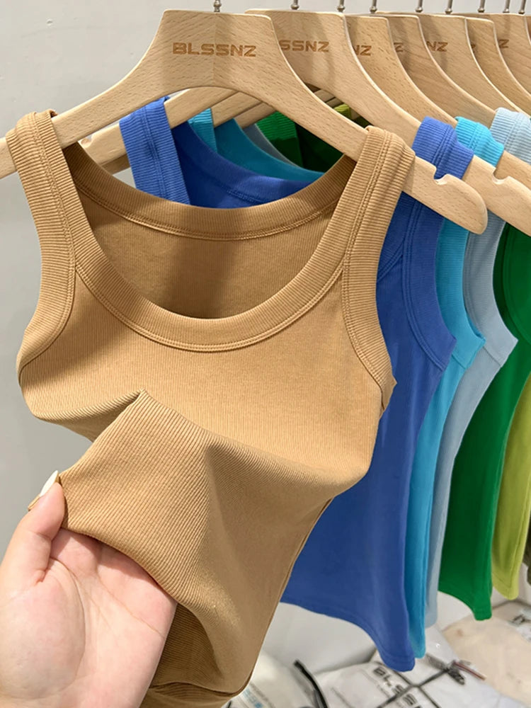 Women Solid Ribbed Tank Top Camisole – Elastic Cotton O-Neck Summer Basic Crop Top 2026