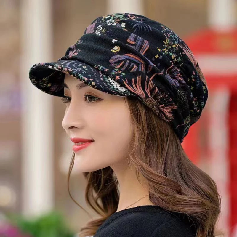 Women Autumn Winter Peaked Cap with Earflap – Warm Foldable Floral Print Casual Hat