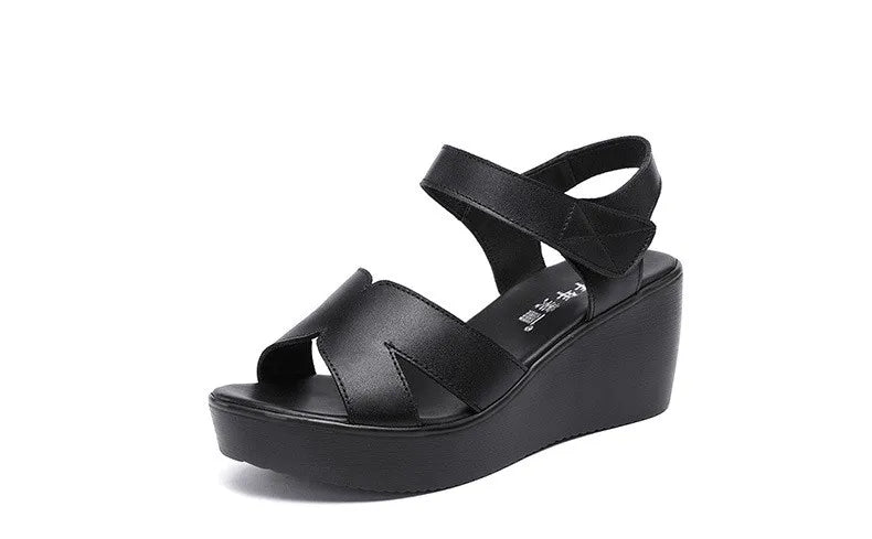 Women’s Plus Size Soft Leather Wedge Sandals (33–43) – Mid Heel Platform Ankle Strap Summer Shoes for Office, Casual & Beach Wear