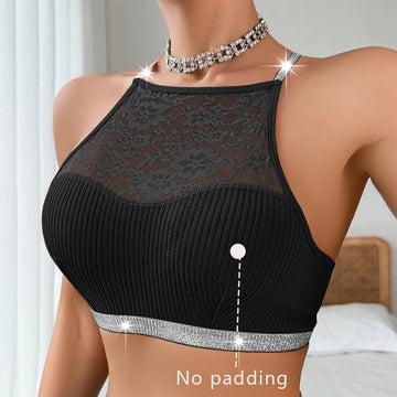 Women Lace Floral Ribbed Camisole Bra – Sexy Backless Nylon Lingerie Tank Top