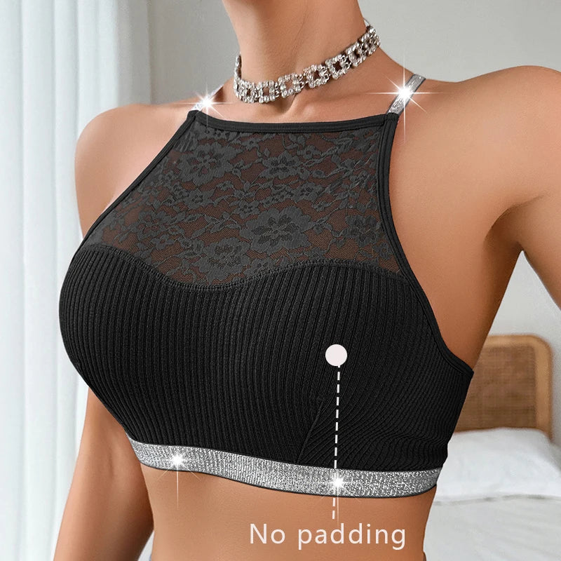 Women Lace Floral Ribbed Camisole Bra – Sexy Backless Nylon Lingerie Tank Top