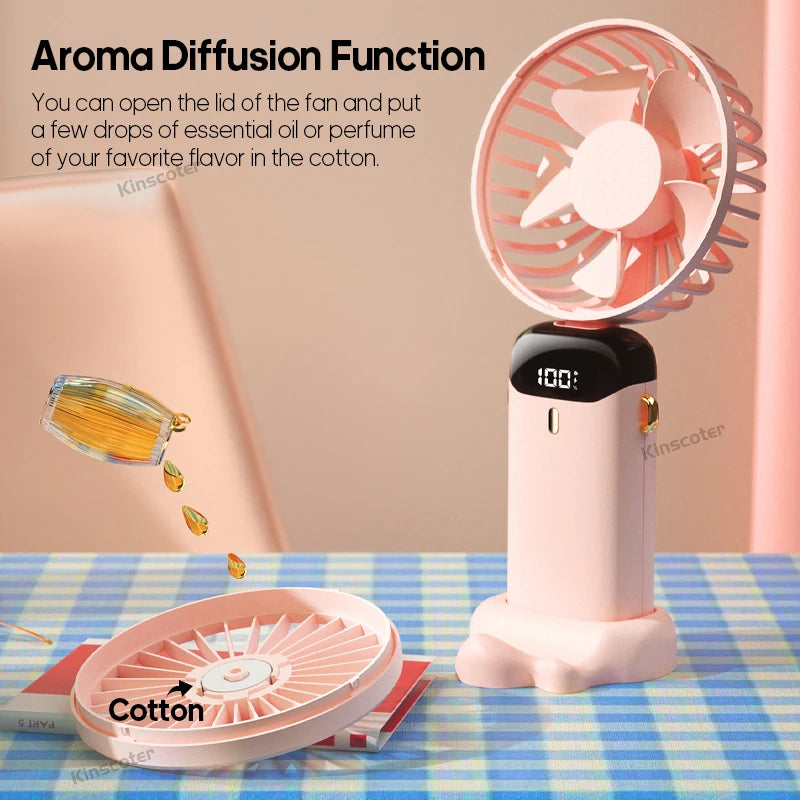 USB Rechargeable Foldable Neck Fan – Portable Handheld Mini Fan with 5-Speed Cooling, Digital Display & Phone Stand, Travel-Friendly Hands-Free Design