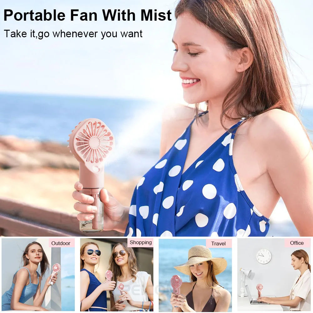 Portable Mini Handheld Mist Fan – USB Rechargeable 4-Speed Cooling & Humidifier Fan for Travel, Office & Outdoor Use