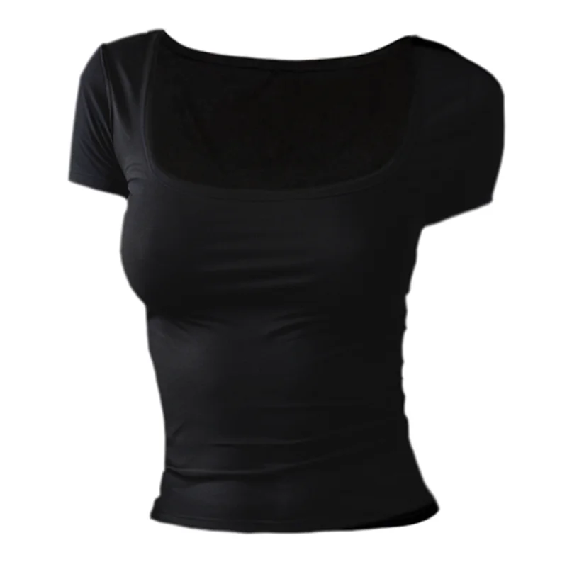 Women’s Summer Slim Fit Square Neck Short Sleeve T-Shirt – Solid Color Y2K Streetwear Sexy Stretch Knit Top