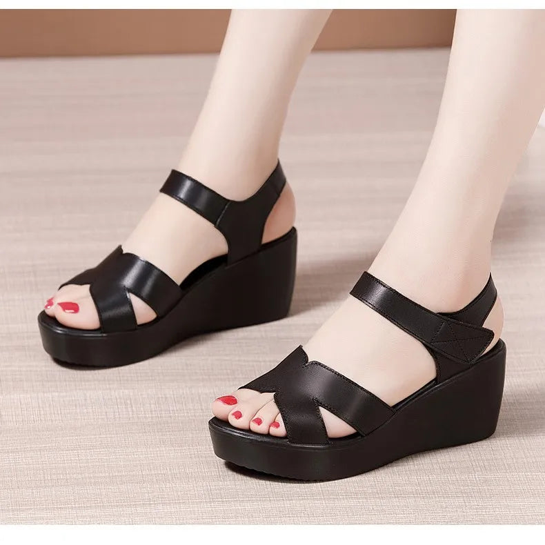 Women’s Plus Size Soft Leather Wedge Sandals (33–43) – Mid Heel Platform Ankle Strap Summer Shoes for Office, Casual & Beach Wear