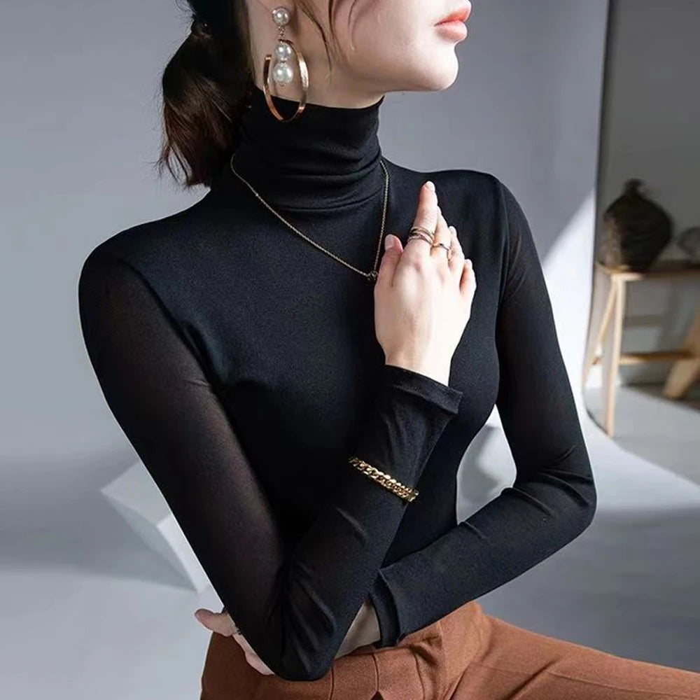 Women’s Sheer Mesh Turtleneck Top – Long Sleeve Slim Fit Stretch Tee (S–4XL)