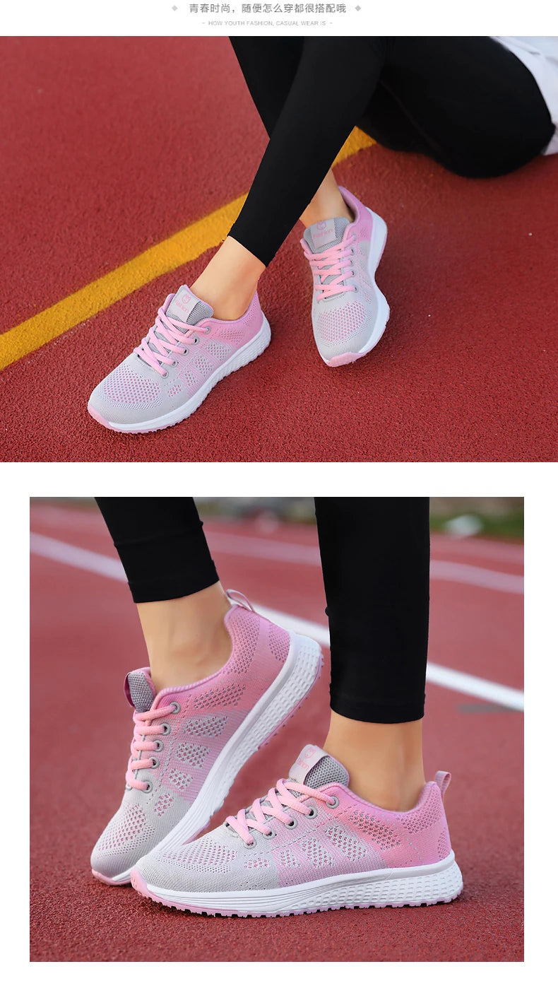 Women Casual Mesh Walking Sneakers – Breathable Lace-Up Flat Shoes for Women