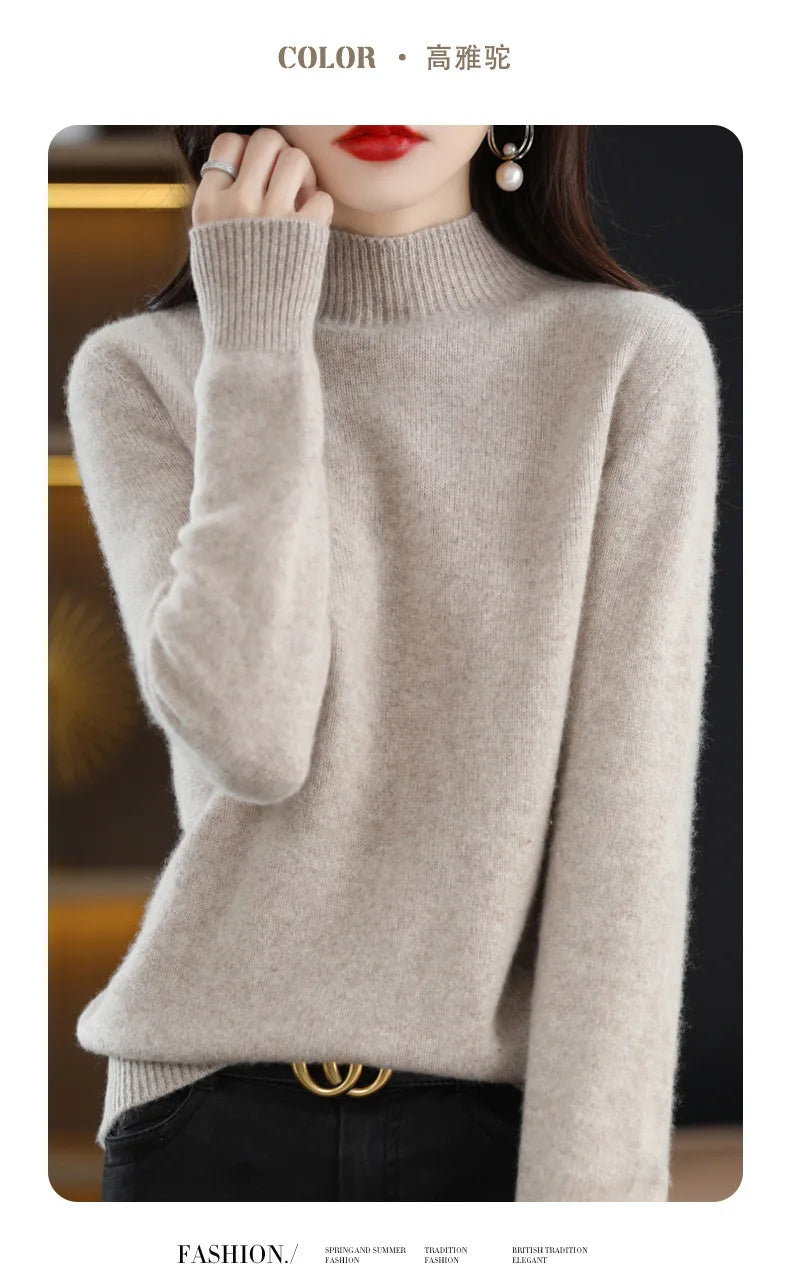 Women’s Autumn Winter Knit Sweater – Korean Fashion Slim Fit Half High Collar Long Sleeve Pullover