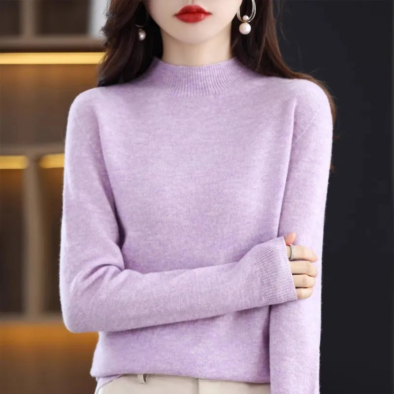 Women’s Autumn Winter Knit Sweater – Korean Fashion Slim Fit Half High Collar Long Sleeve Pullover