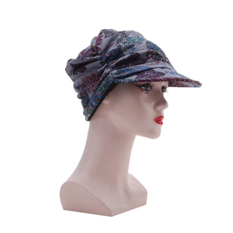Women Autumn Winter Peaked Cap with Earflap – Warm Foldable Floral Print Casual Hat