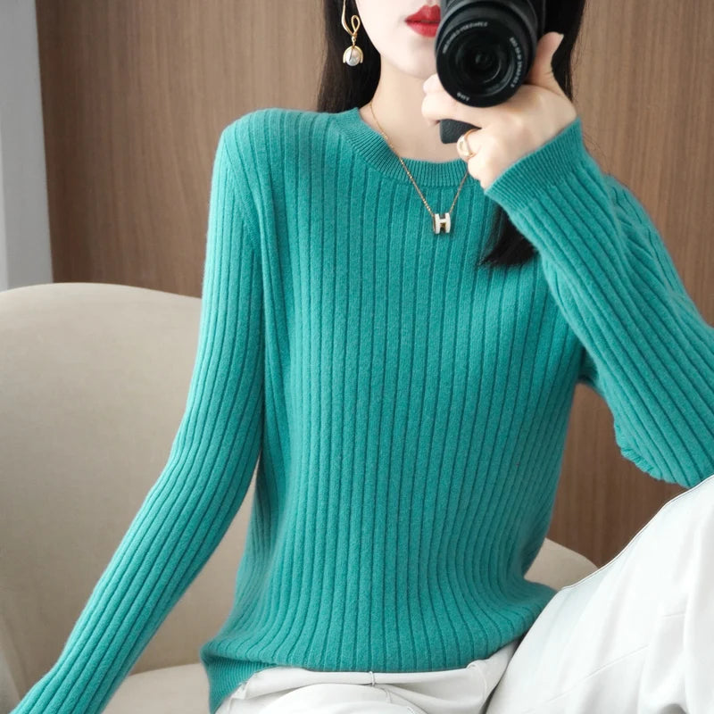 Women’s Autumn Winter O-Neck Striped Knit Sweater – Loose Fit Long Sleeve Pullover Casual Korean Style Jumper