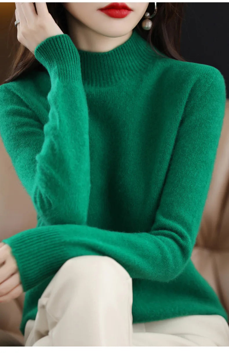 Women’s Autumn Winter Knit Sweater – Korean Fashion Slim Fit Half High Collar Long Sleeve Pullover