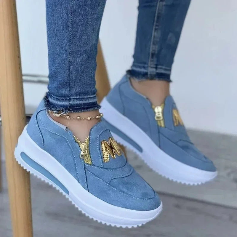 Women Platform Slip-On Loafers Sneakers – Casual Fashion Canvas Shoes with Zipper Detail, Flat Rubber Sole
