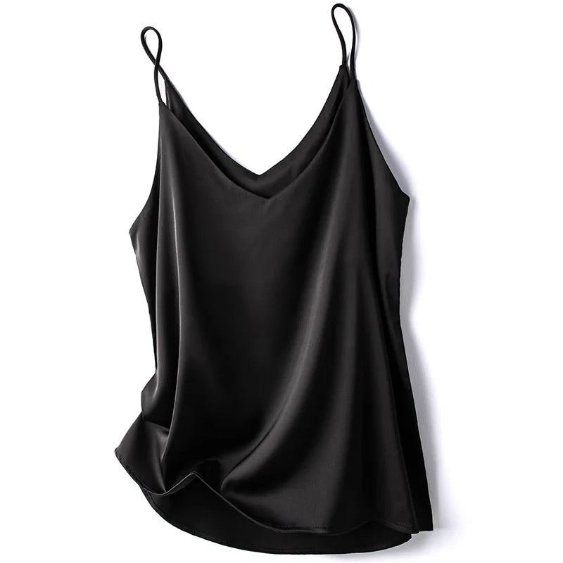 Women Summer Sleeveless V-Neck Chiffon Camisole Crop Tank Top – Slim Fit Solid Office Lady Vest (Black/White/Grey)