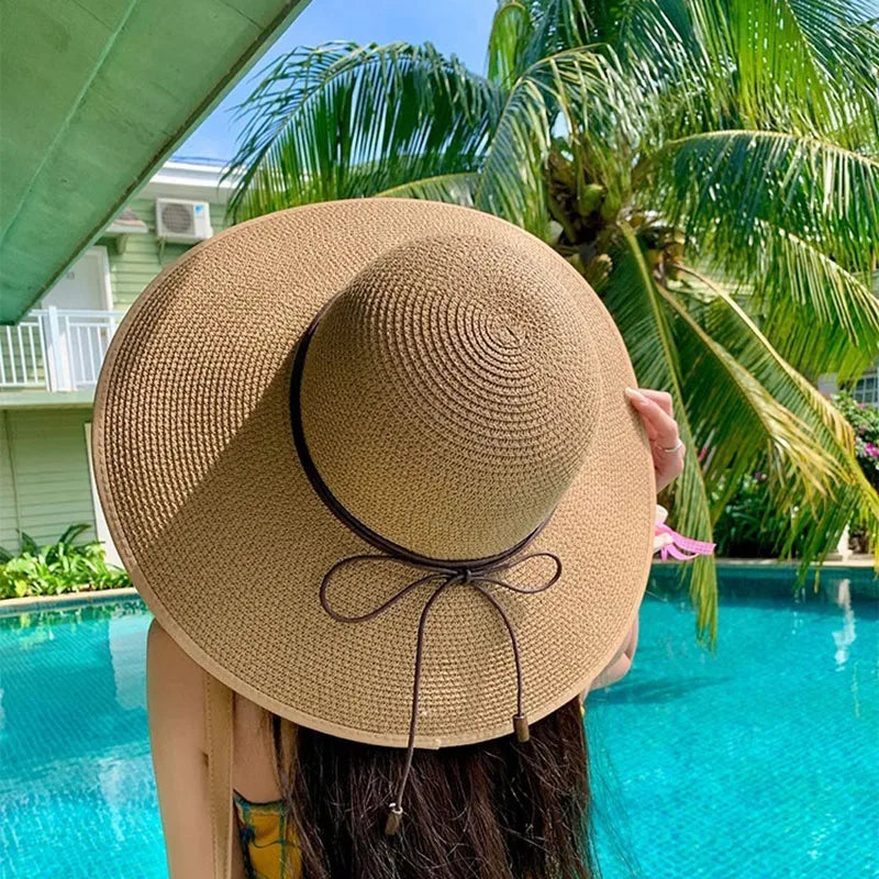 Women’s Straw Sun Hat – Wide Brim UV Protection Panama Hat with Bow & Belt Strap for Beach, Travel & Summer Outdoor Wear