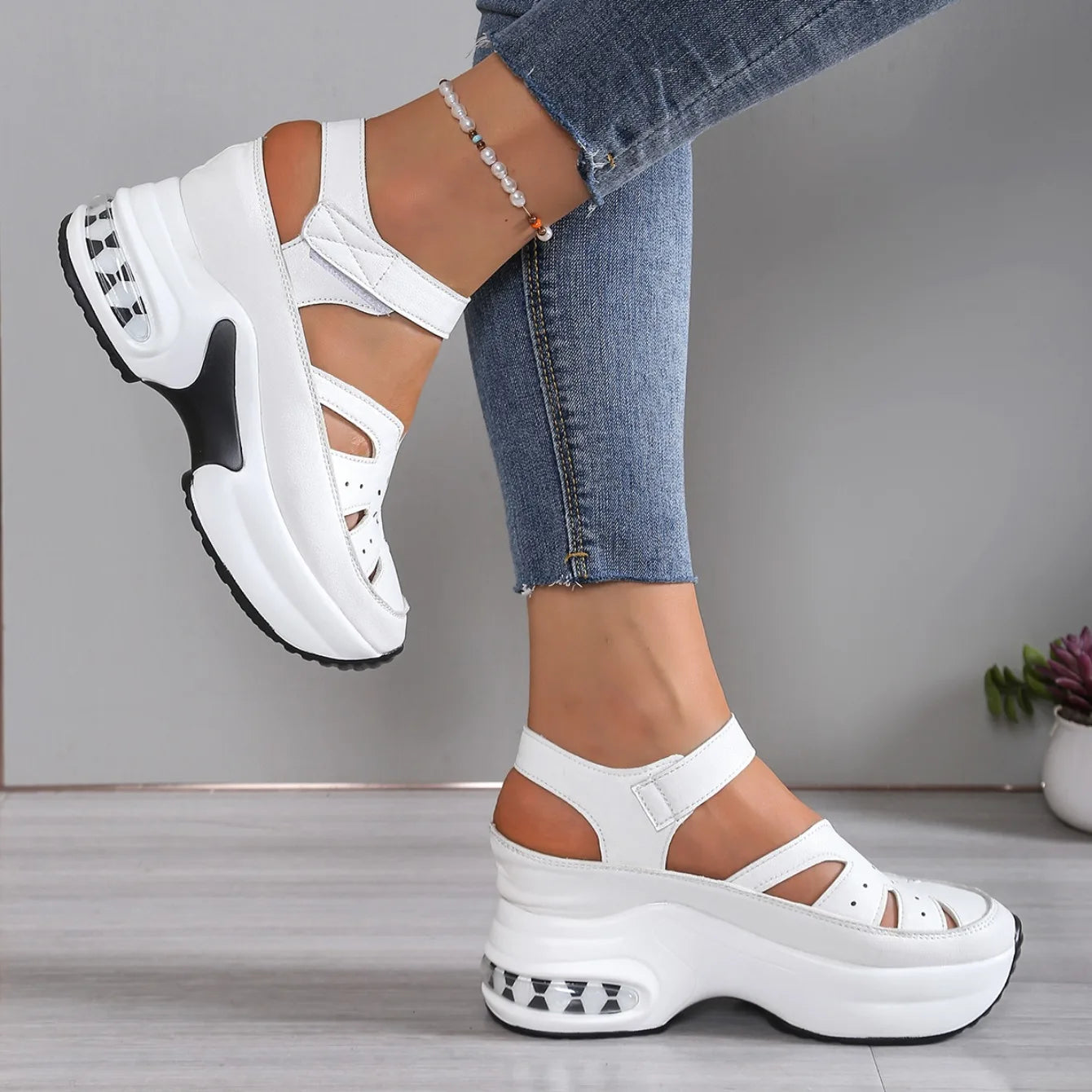 Women Closed Toe Summer Sandals – Plus Size Casual Slip-On Hollow Out PU Platform Comfort Shoes