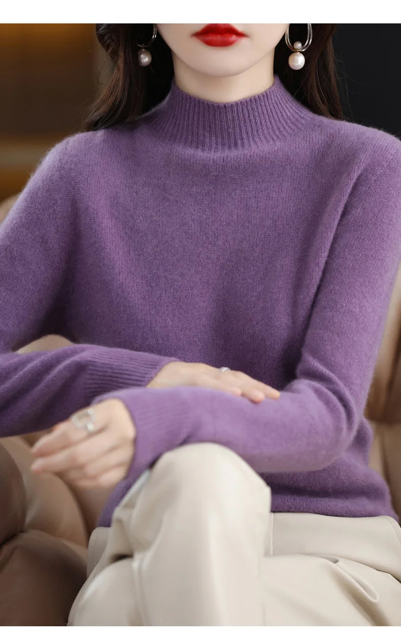 Women’s Autumn Winter Knit Sweater – Korean Fashion Slim Fit Half High Collar Long Sleeve Pullover