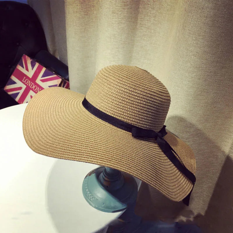 Women’s Wide Brim Straw Sun Hat – Foldable Beach Panama Hat with Bowknot, UV Protection Casual Summer Outdoor Cap