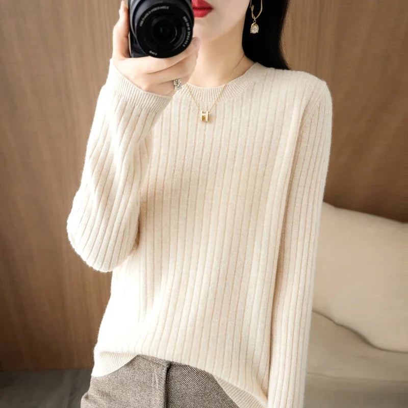Women’s Autumn Winter O-Neck Striped Knit Sweater – Loose Fit Long Sleeve Pullover Casual Korean Style Jumper