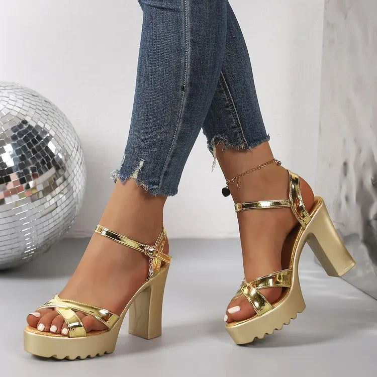 Women’s Gold & Silver Platform Chunky Heel Sandals – Mirror PU Ankle Strap Gladiator Formal Party Shoes