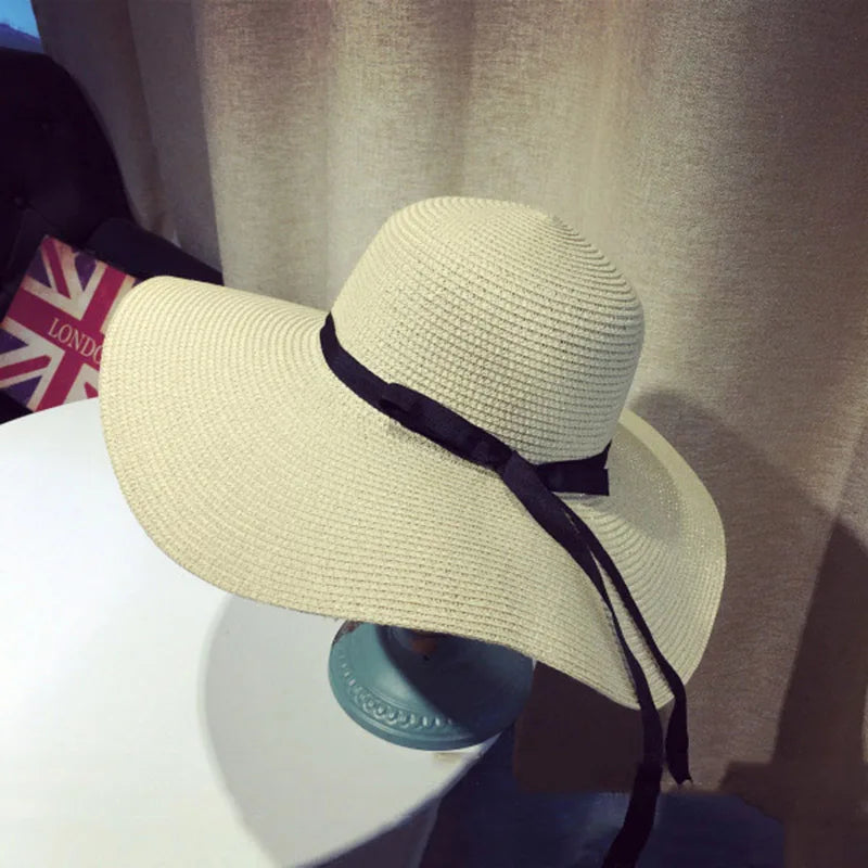 Women’s Wide Brim Straw Sun Hat – Foldable Beach Panama Hat with Bowknot, UV Protection Casual Summer Outdoor Cap