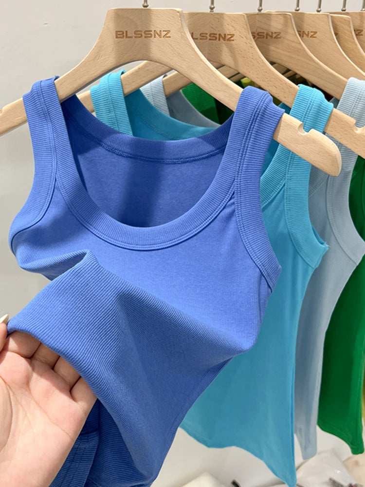 Women Solid Ribbed Tank Top Camisole – Elastic Cotton O-Neck Summer Basic Crop Top 2026
