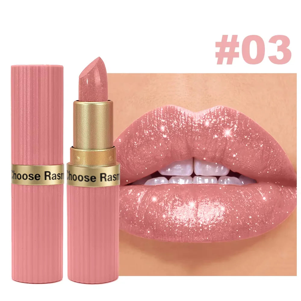 Pearlescent Pink Glitter Velvet Lipstick – Waterproof Long Lasting Matte Metallic Shimmer Diamond Lipstick for Women