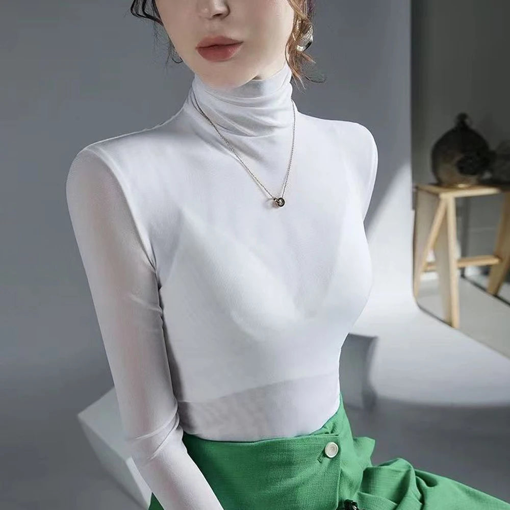 Women’s Sheer Mesh Turtleneck Top – Long Sleeve Slim Fit Stretch Tee (S–4XL)