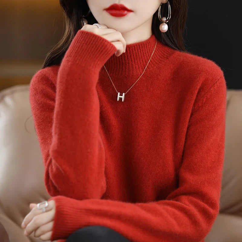 Women’s Autumn Winter Knit Sweater – Korean Fashion Slim Fit Half High Collar Long Sleeve Pullover