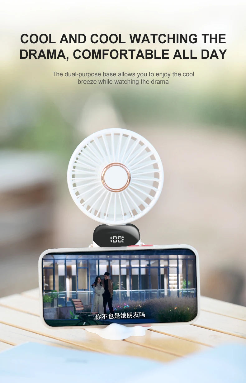 USB Rechargeable Foldable Neck Fan – Portable Handheld Mini Fan with 5-Speed Cooling, Digital Display & Phone Stand, Travel-Friendly Hands-Free Design