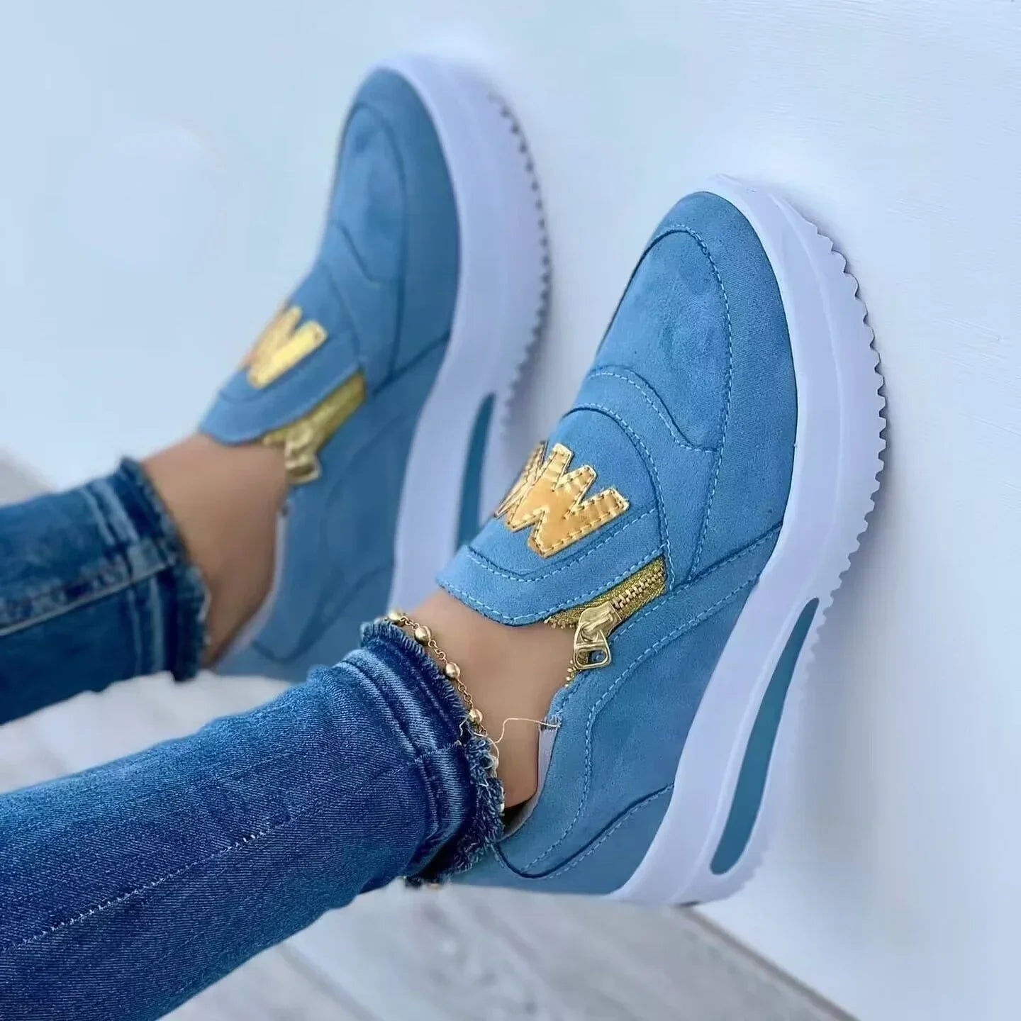 Women Platform Slip-On Loafers Sneakers – Casual Fashion Canvas Shoes with Zipper Detail, Flat Rubber Sole