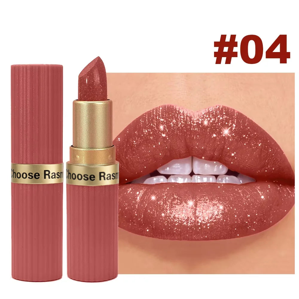 Pearlescent Pink Glitter Velvet Lipstick – Waterproof Long Lasting Matte Metallic Shimmer Diamond Lipstick for Women