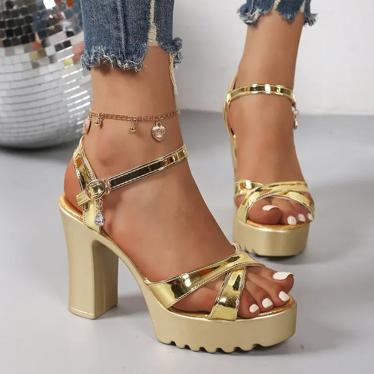 Women’s Gold & Silver Platform Chunky Heel Sandals – Mirror PU Ankle Strap Gladiator Formal Party Shoes
